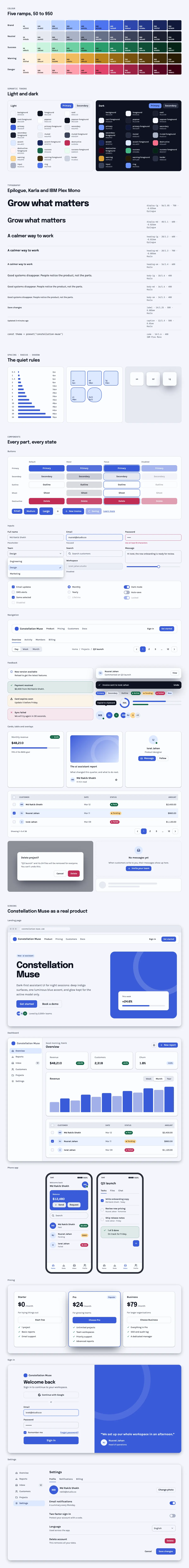 Constellation Muse full preview: colour ramps, light and dark tokens, type scale, components in every state and six product screens