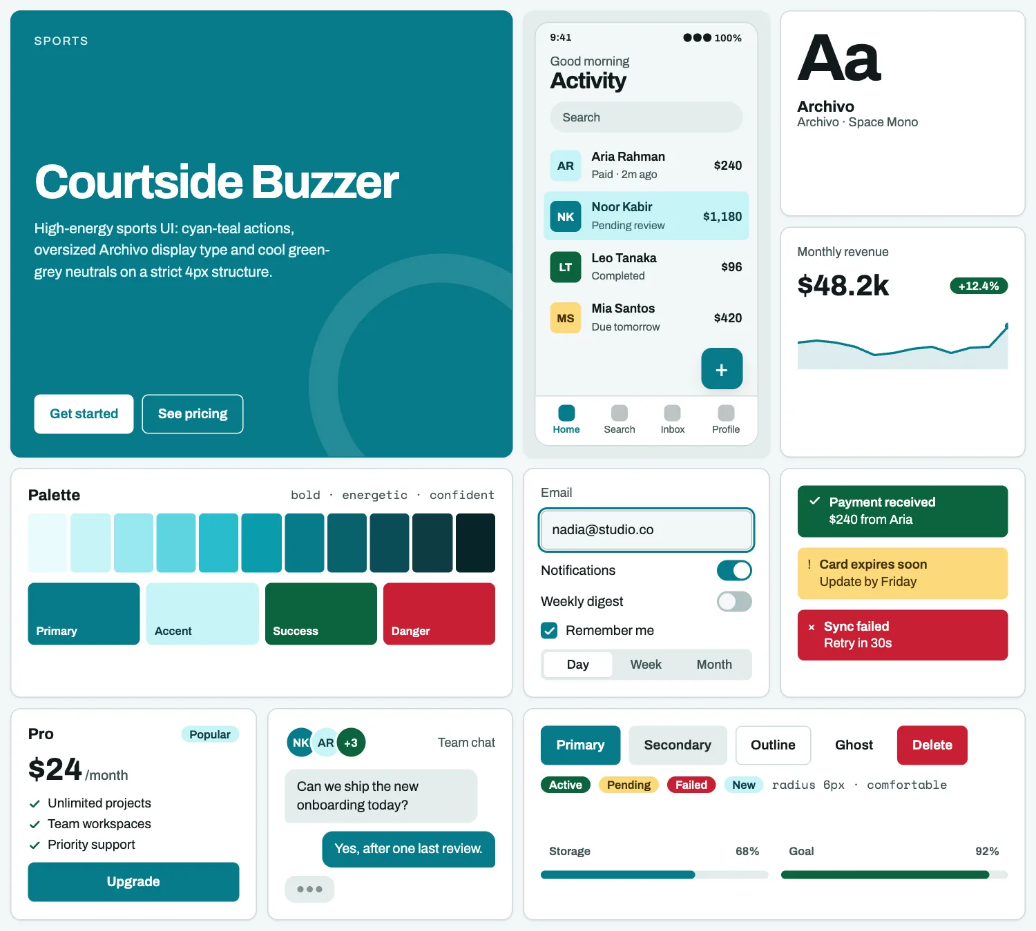 Courtside Buzzer across ten UI tiles: hero, phone screen, type, chart, palette, form, alerts, pricing, chat and buttons