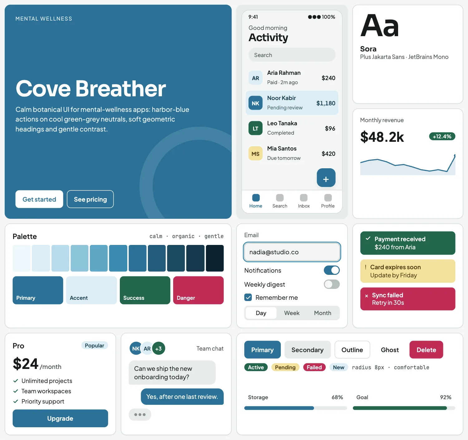 Cove Breather across ten UI tiles: hero, phone screen, type, chart, palette, form, alerts, pricing, chat and buttons