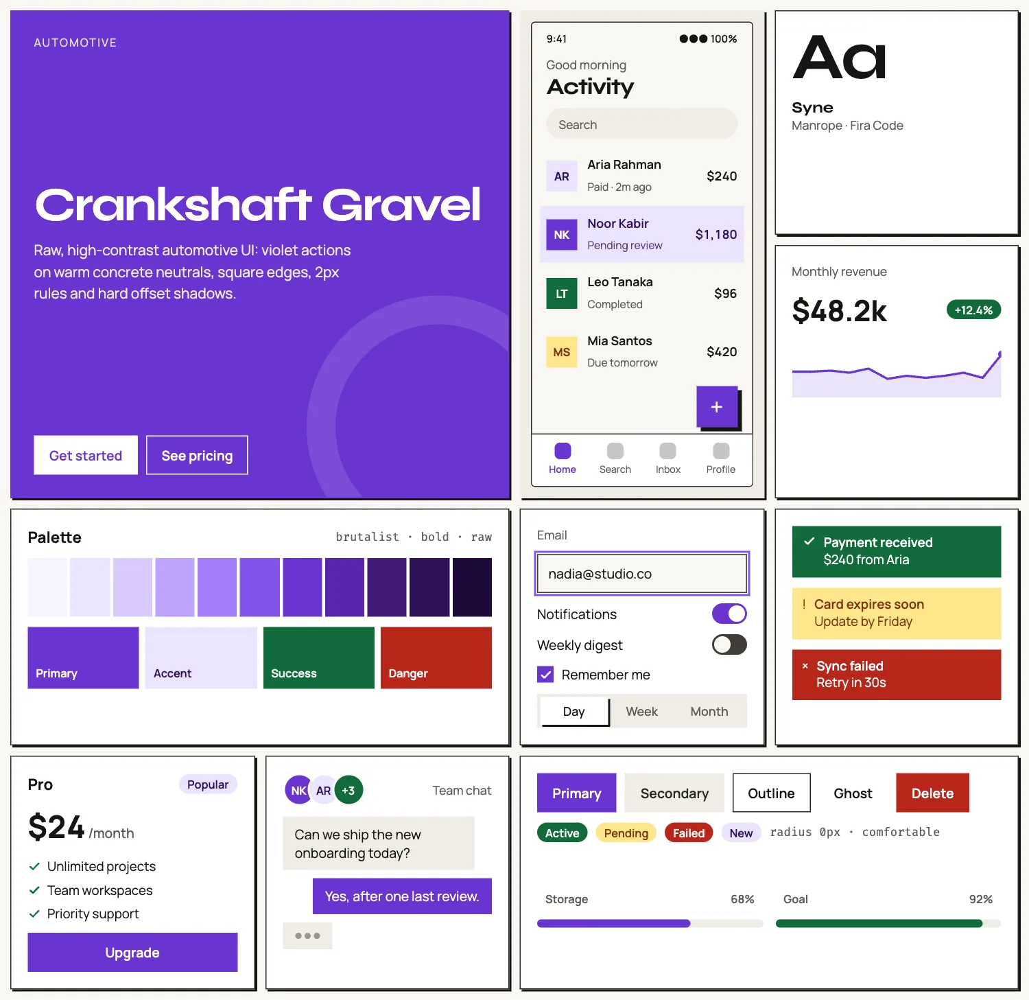 Crankshaft Gravel across ten UI tiles: hero, phone screen, type, chart, palette, form, alerts, pricing, chat and buttons
