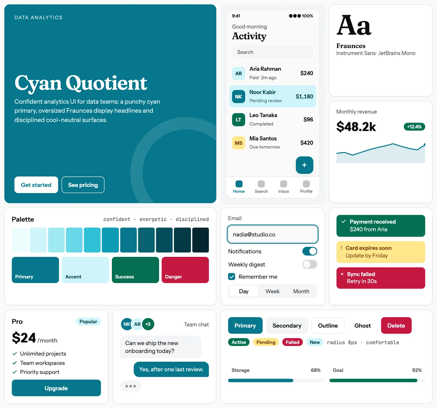 Cyan Quotient across ten UI tiles: hero, phone screen, type, chart, palette, form, alerts, pricing, chat and buttons