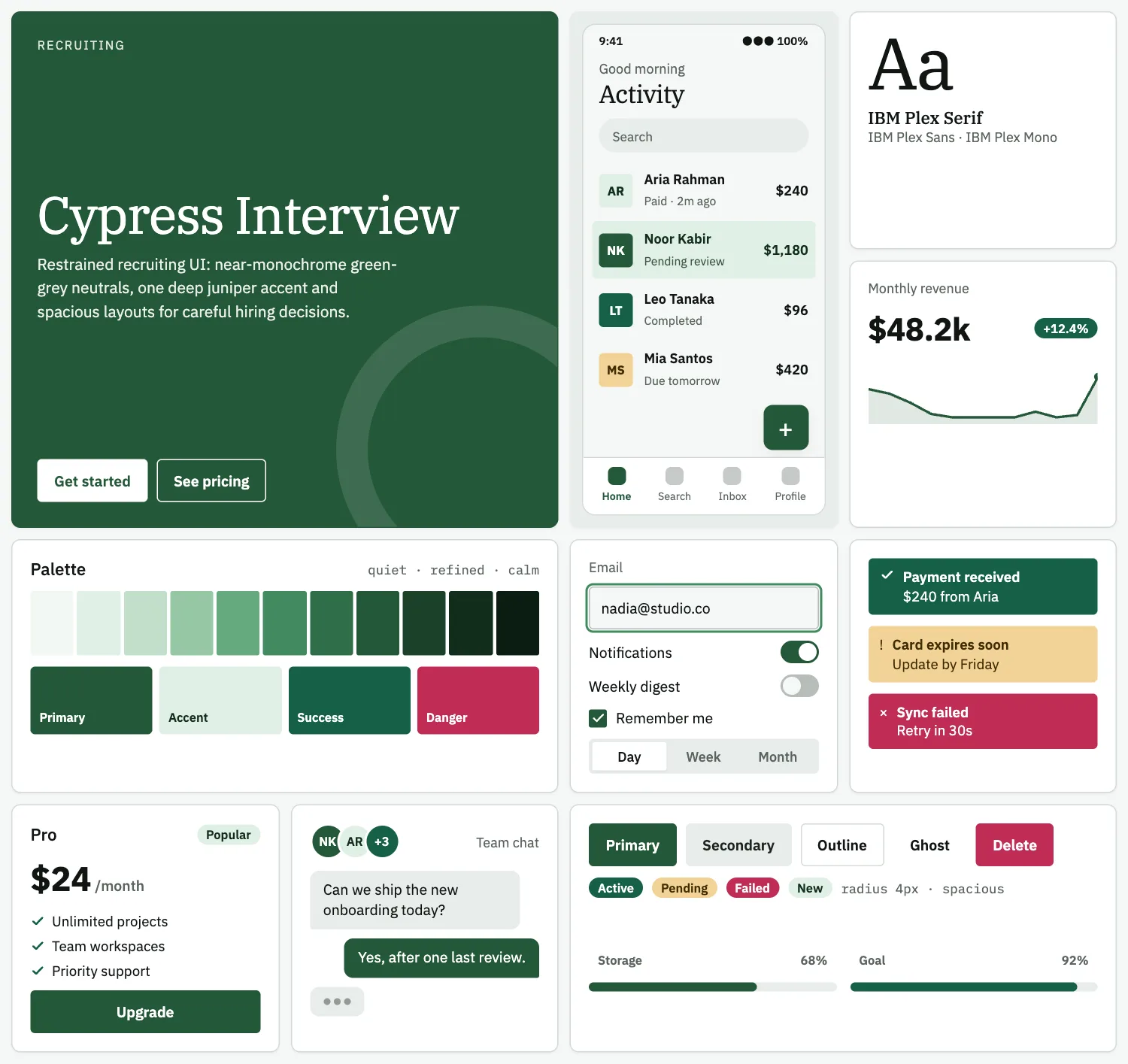 Cypress Interview across ten UI tiles: hero, phone screen, type, chart, palette, form, alerts, pricing, chat and buttons