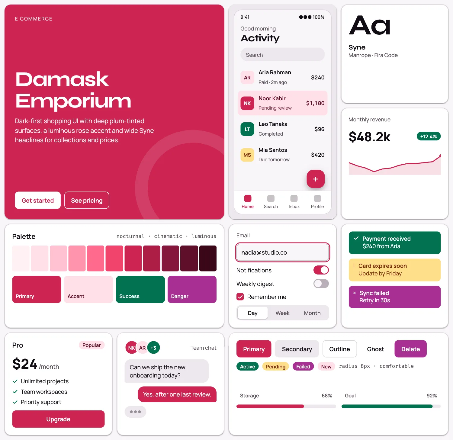 Damask Emporium across ten UI tiles: hero, phone screen, type, chart, palette, form, alerts, pricing, chat and buttons