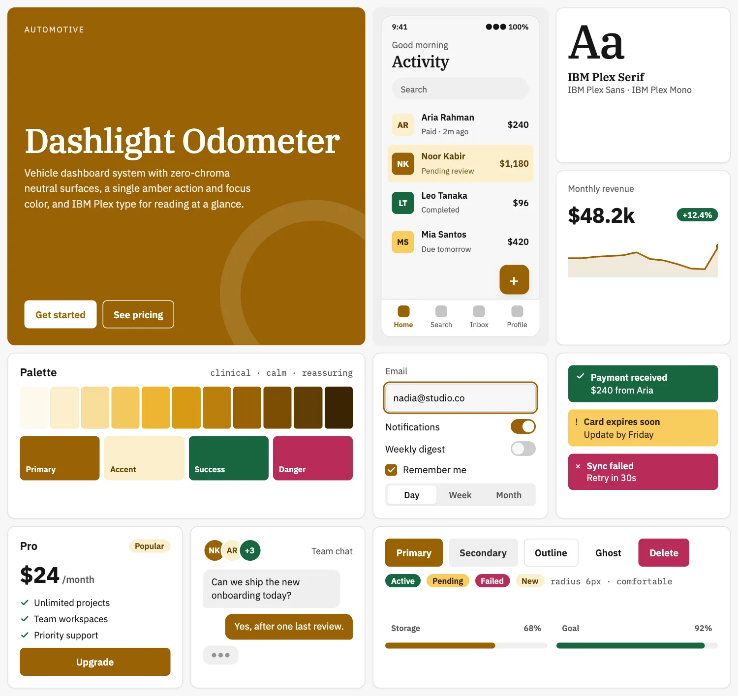 Dashlight Odometer across ten UI tiles: hero, phone screen, type, chart, palette, form, alerts, pricing, chat and buttons