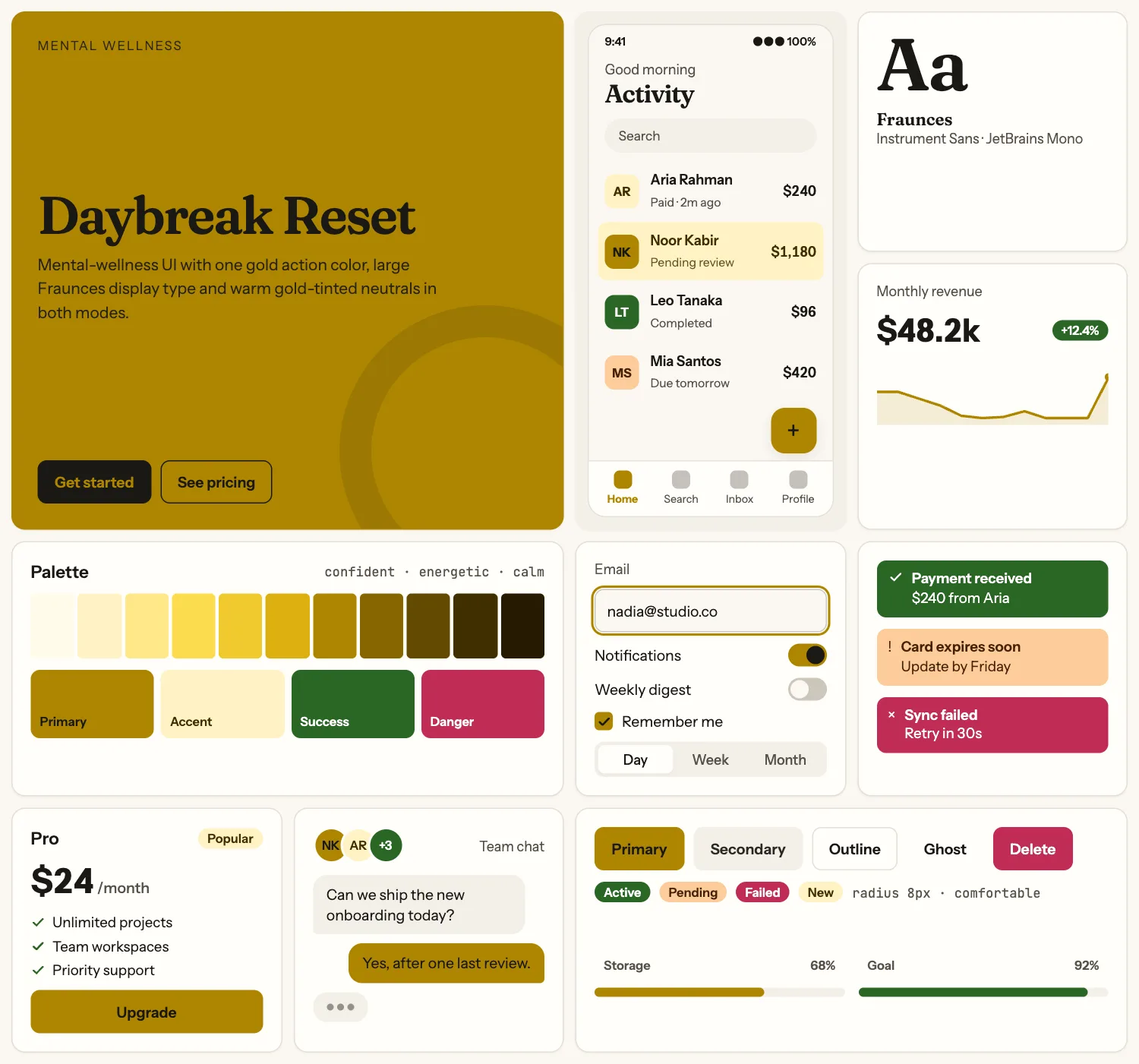 Daybreak Reset across ten UI tiles: hero, phone screen, type, chart, palette, form, alerts, pricing, chat and buttons