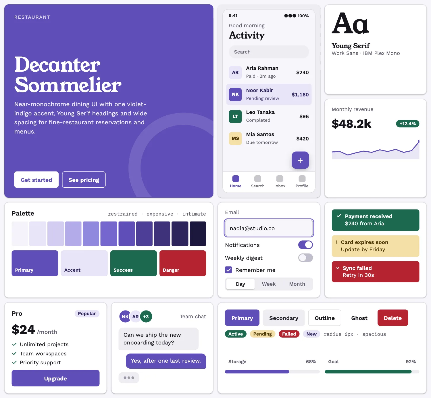Decanter Sommelier across ten UI tiles: hero, phone screen, type, chart, palette, form, alerts, pricing, chat and buttons