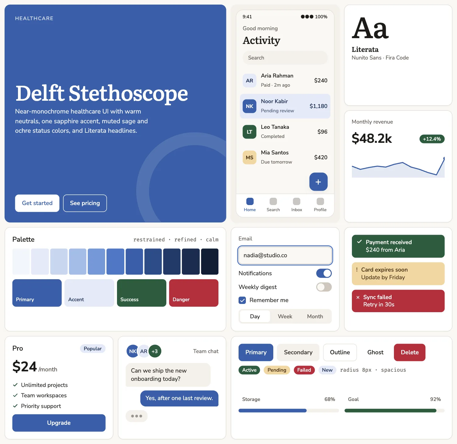 Delft Stethoscope across ten UI tiles: hero, phone screen, type, chart, palette, form, alerts, pricing, chat and buttons