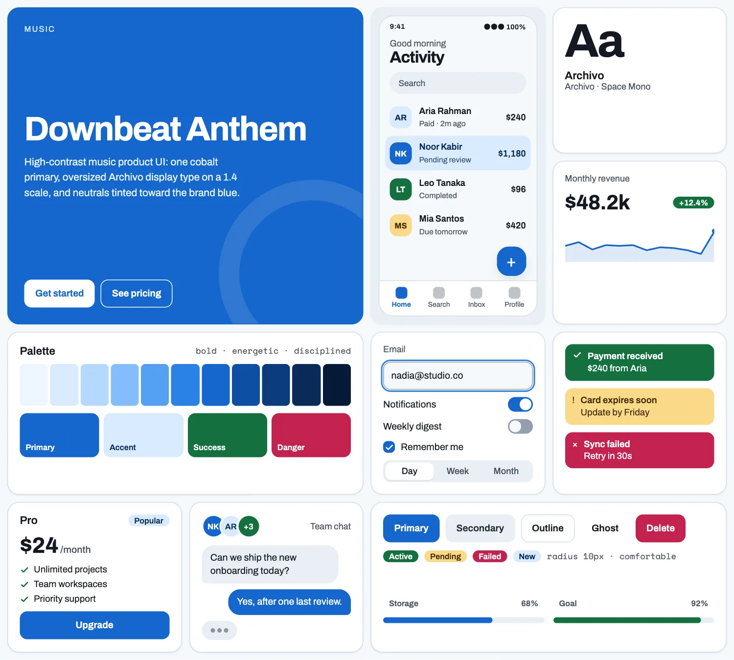 Downbeat Anthem across ten UI tiles: hero, phone screen, type, chart, palette, form, alerts, pricing, chat and buttons