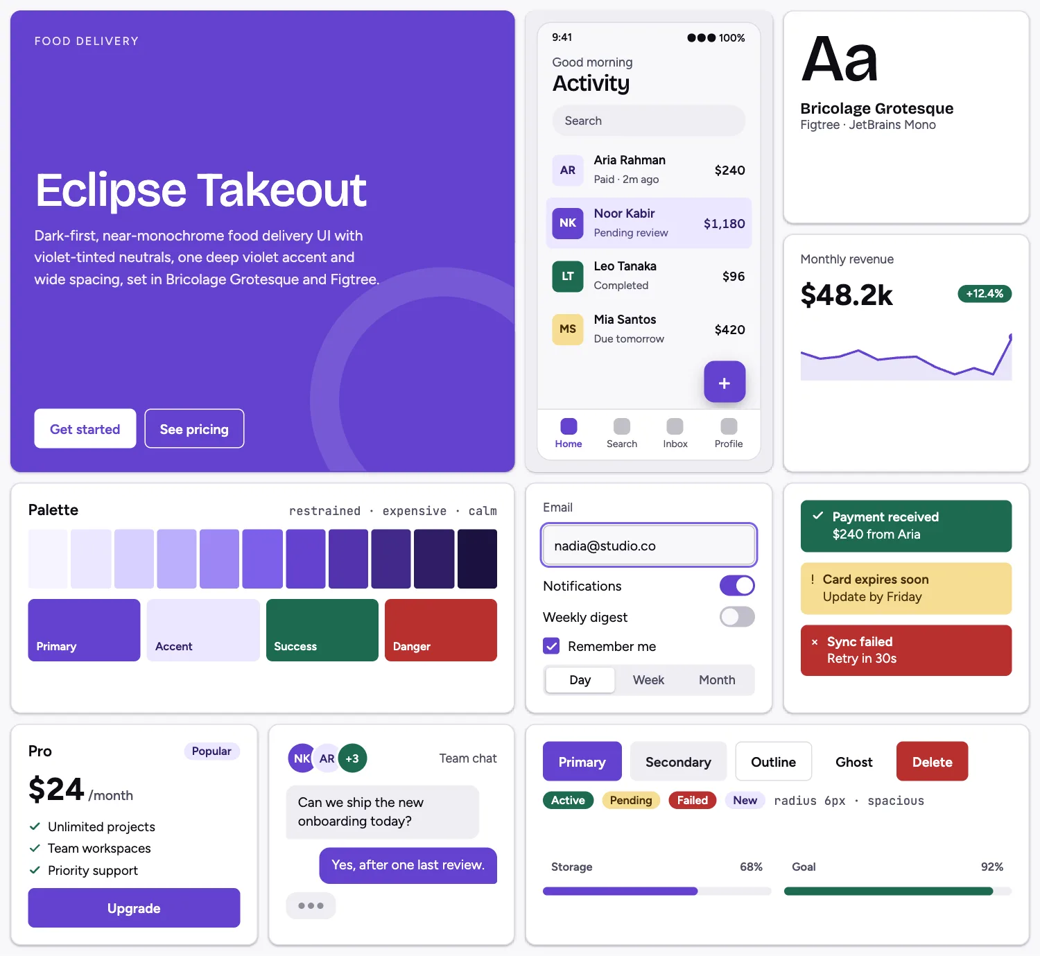 Eclipse Takeout across ten UI tiles: hero, phone screen, type, chart, palette, form, alerts, pricing, chat and buttons