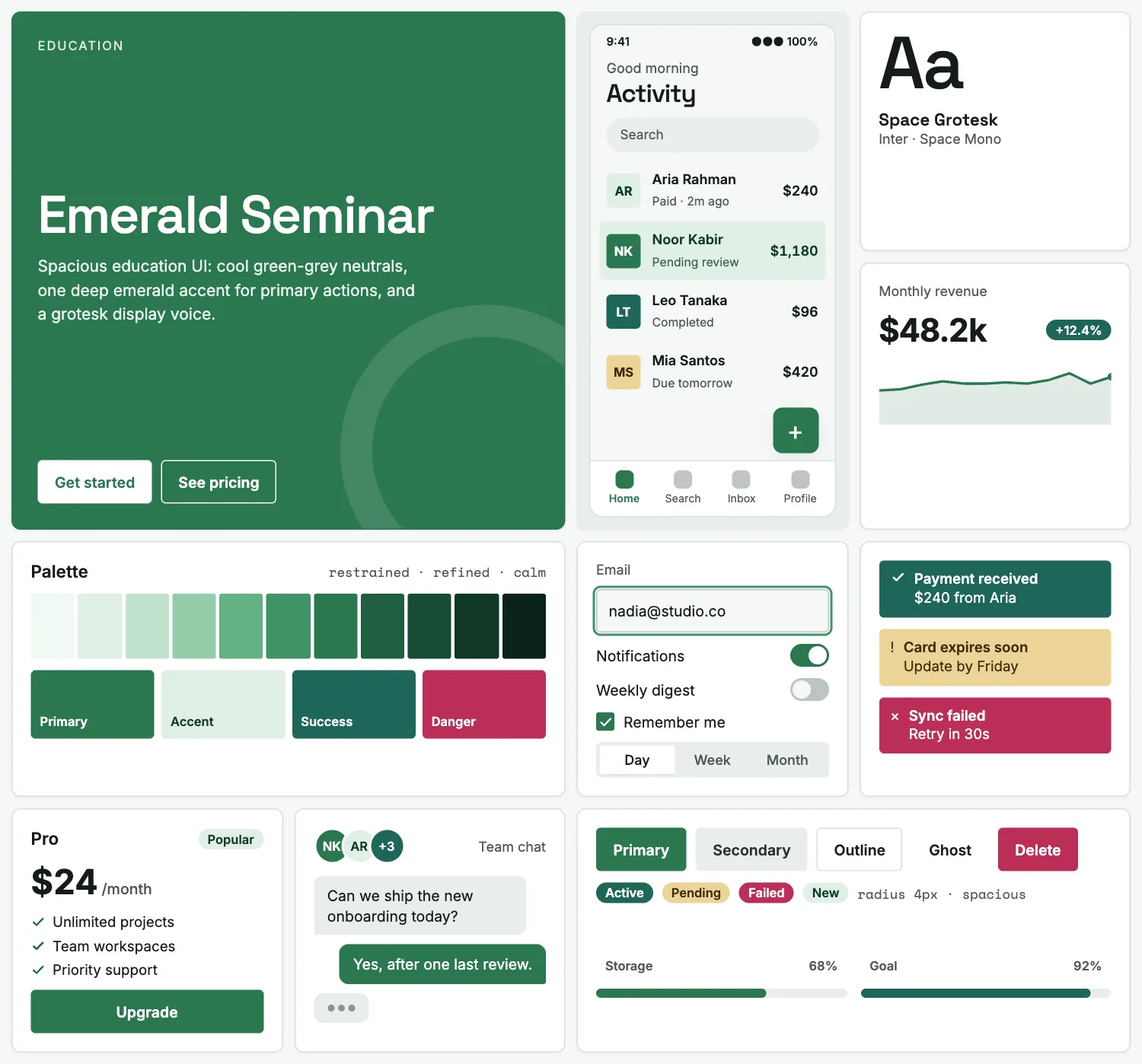 Emerald Seminar across ten UI tiles: hero, phone screen, type, chart, palette, form, alerts, pricing, chat and buttons