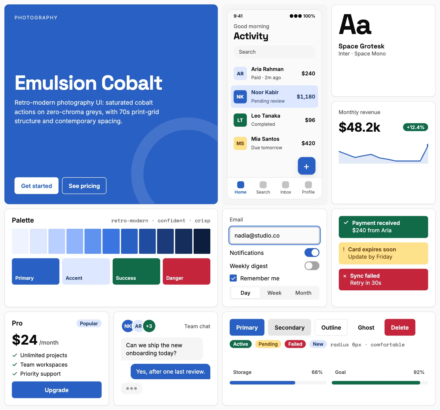 Emulsion Cobalt across ten UI tiles: hero, phone screen, type, chart, palette, form, alerts, pricing, chat and buttons