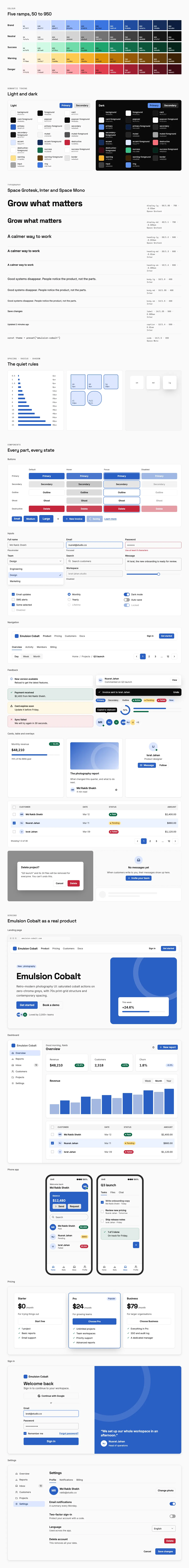 Emulsion Cobalt full preview: colour ramps, light and dark tokens, type scale, components in every state and six product screens