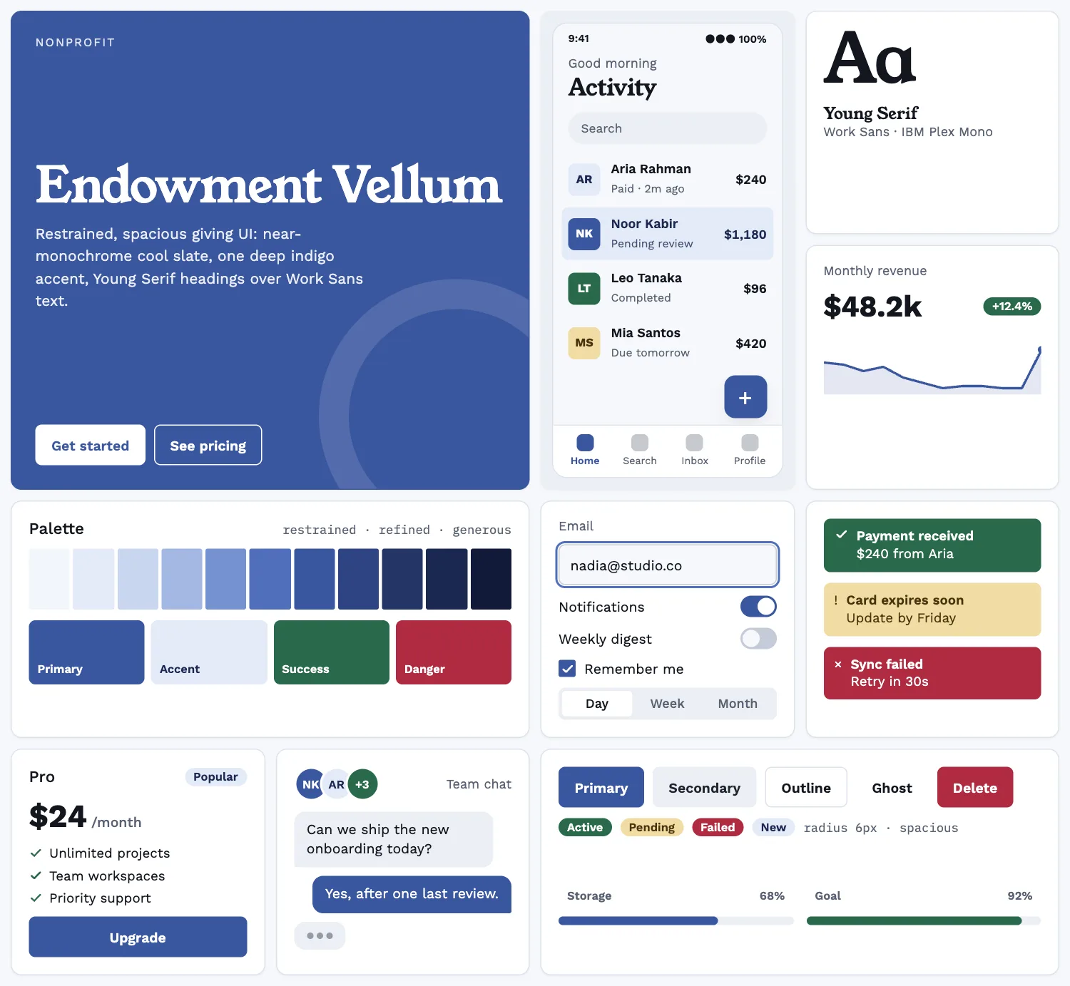 Endowment Vellum across ten UI tiles: hero, phone screen, type, chart, palette, form, alerts, pricing, chat and buttons