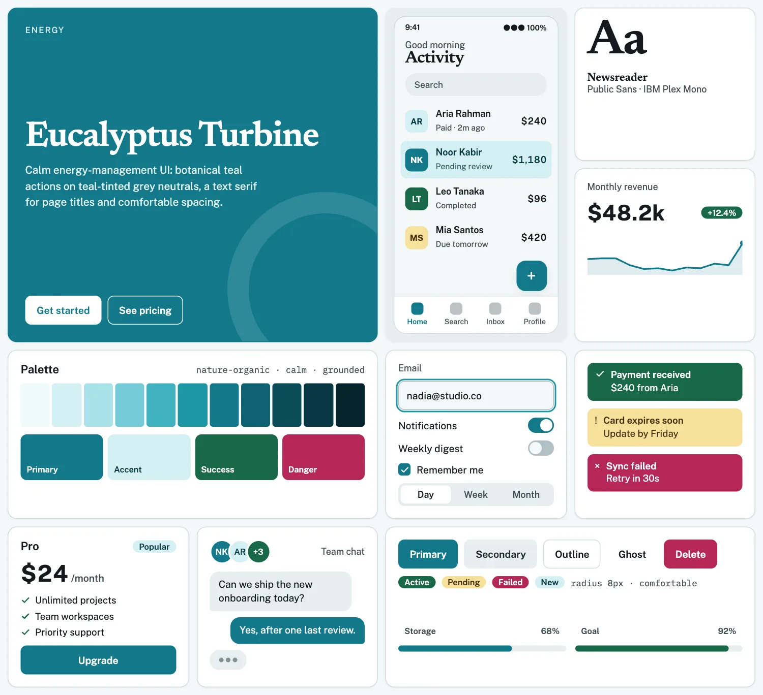 Eucalyptus Turbine across ten UI tiles: hero, phone screen, type, chart, palette, form, alerts, pricing, chat and buttons