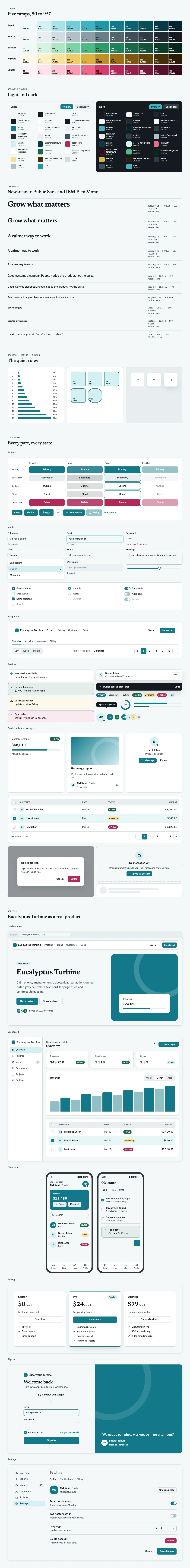 Eucalyptus Turbine full preview: colour ramps, light and dark tokens, type scale, components in every state and six product screens