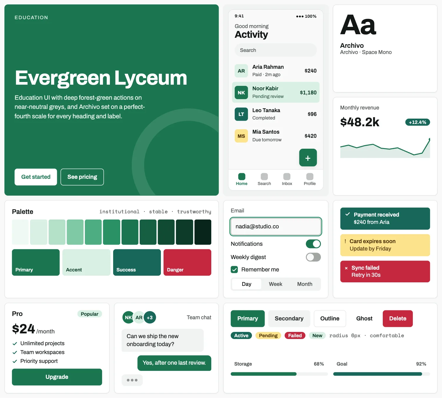 Evergreen Lyceum across ten UI tiles: hero, phone screen, type, chart, palette, form, alerts, pricing, chat and buttons