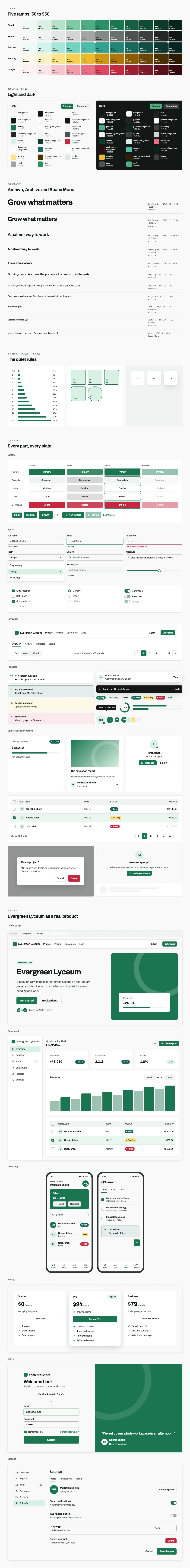 Evergreen Lyceum full preview: colour ramps, light and dark tokens, type scale, components in every state and six product screens