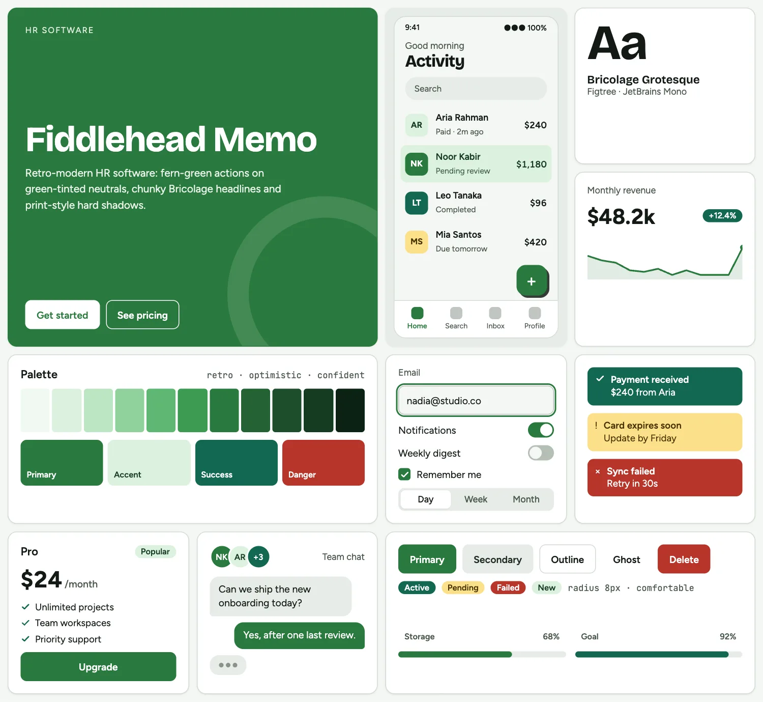 Fiddlehead Memo across ten UI tiles: hero, phone screen, type, chart, palette, form, alerts, pricing, chat and buttons