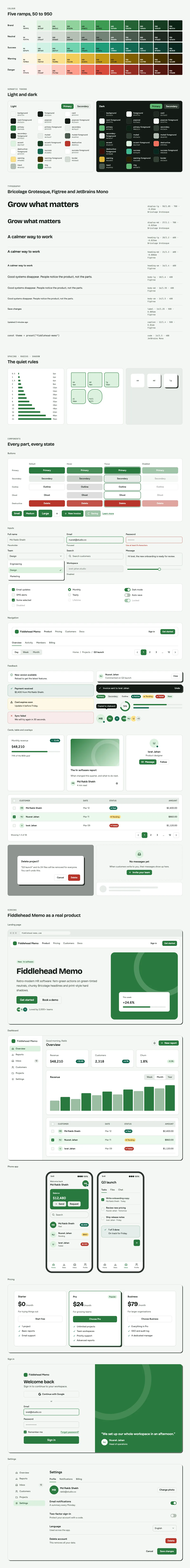 Fiddlehead Memo full preview: colour ramps, light and dark tokens, type scale, components in every state and six product screens