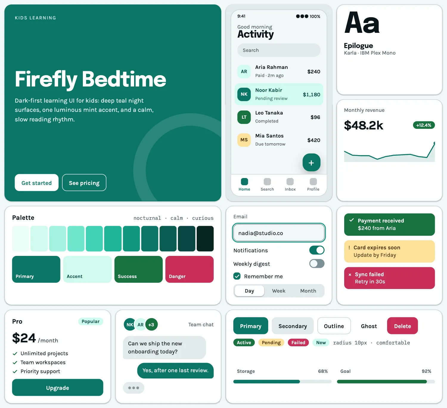 Firefly Bedtime across ten UI tiles: hero, phone screen, type, chart, palette, form, alerts, pricing, chat and buttons