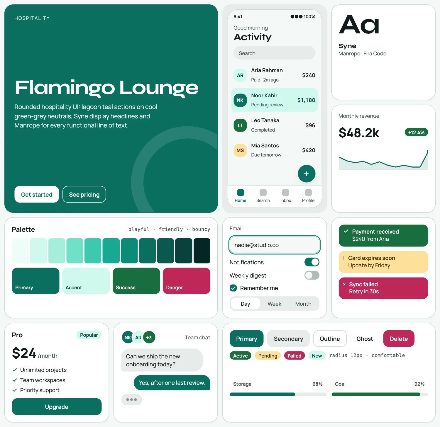 Flamingo Lounge across ten UI tiles: hero, phone screen, type, chart, palette, form, alerts, pricing, chat and buttons
