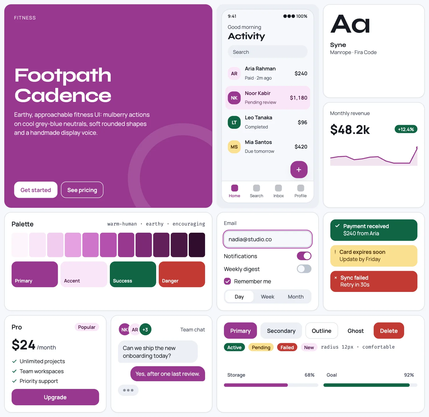 Footpath Cadence across ten UI tiles: hero, phone screen, type, chart, palette, form, alerts, pricing, chat and buttons