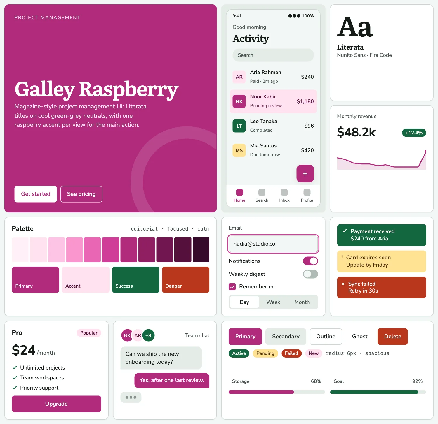 Galley Raspberry across ten UI tiles: hero, phone screen, type, chart, palette, form, alerts, pricing, chat and buttons