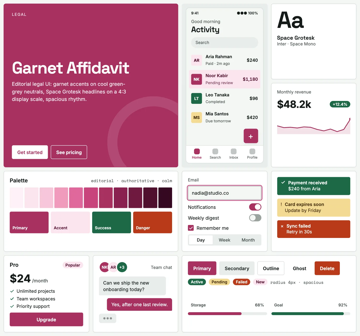 Garnet Affidavit across ten UI tiles: hero, phone screen, type, chart, palette, form, alerts, pricing, chat and buttons