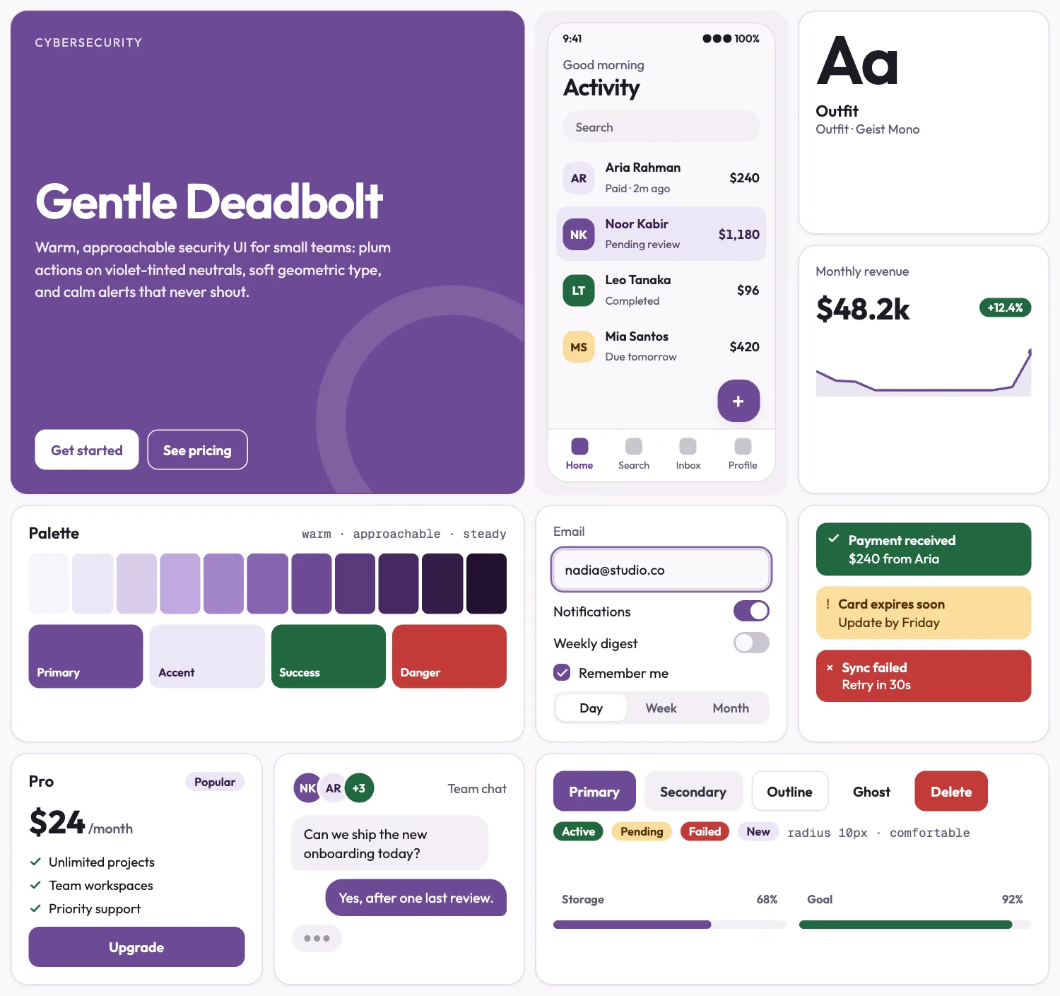 Gentle Deadbolt across ten UI tiles: hero, phone screen, type, chart, palette, form, alerts, pricing, chat and buttons