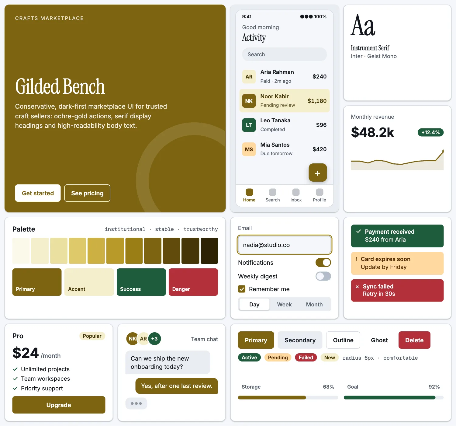 Gilded Bench across ten UI tiles: hero, phone screen, type, chart, palette, form, alerts, pricing, chat and buttons