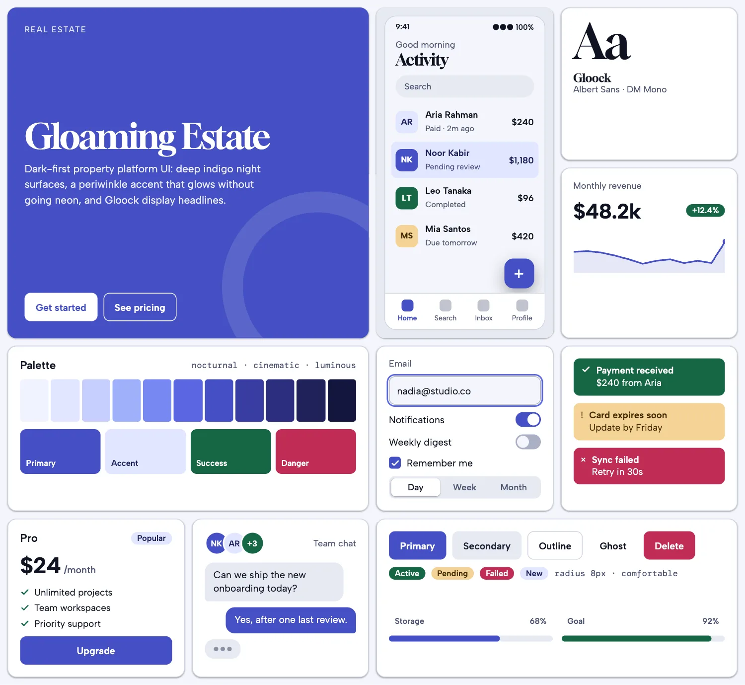 Gloaming Estate across ten UI tiles: hero, phone screen, type, chart, palette, form, alerts, pricing, chat and buttons