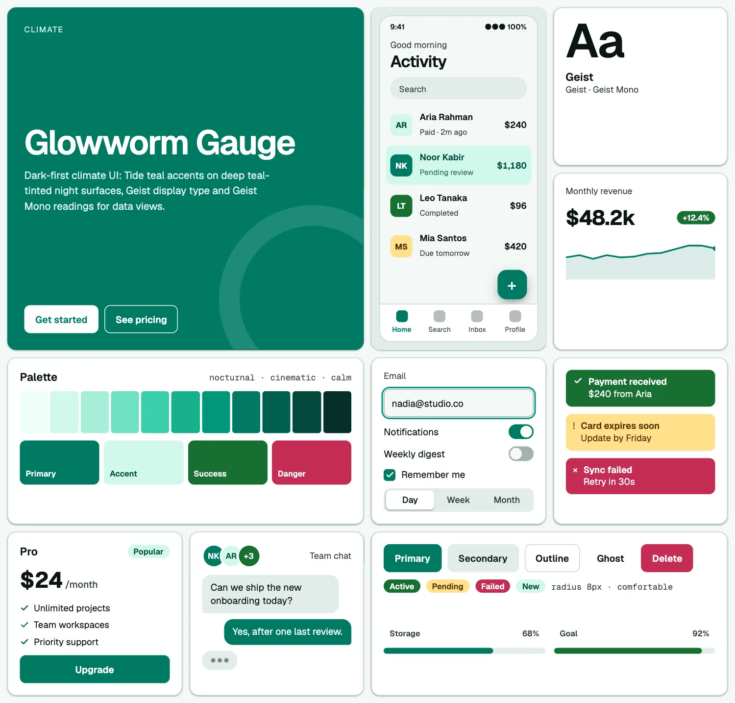 Glowworm Gauge across ten UI tiles: hero, phone screen, type, chart, palette, form, alerts, pricing, chat and buttons