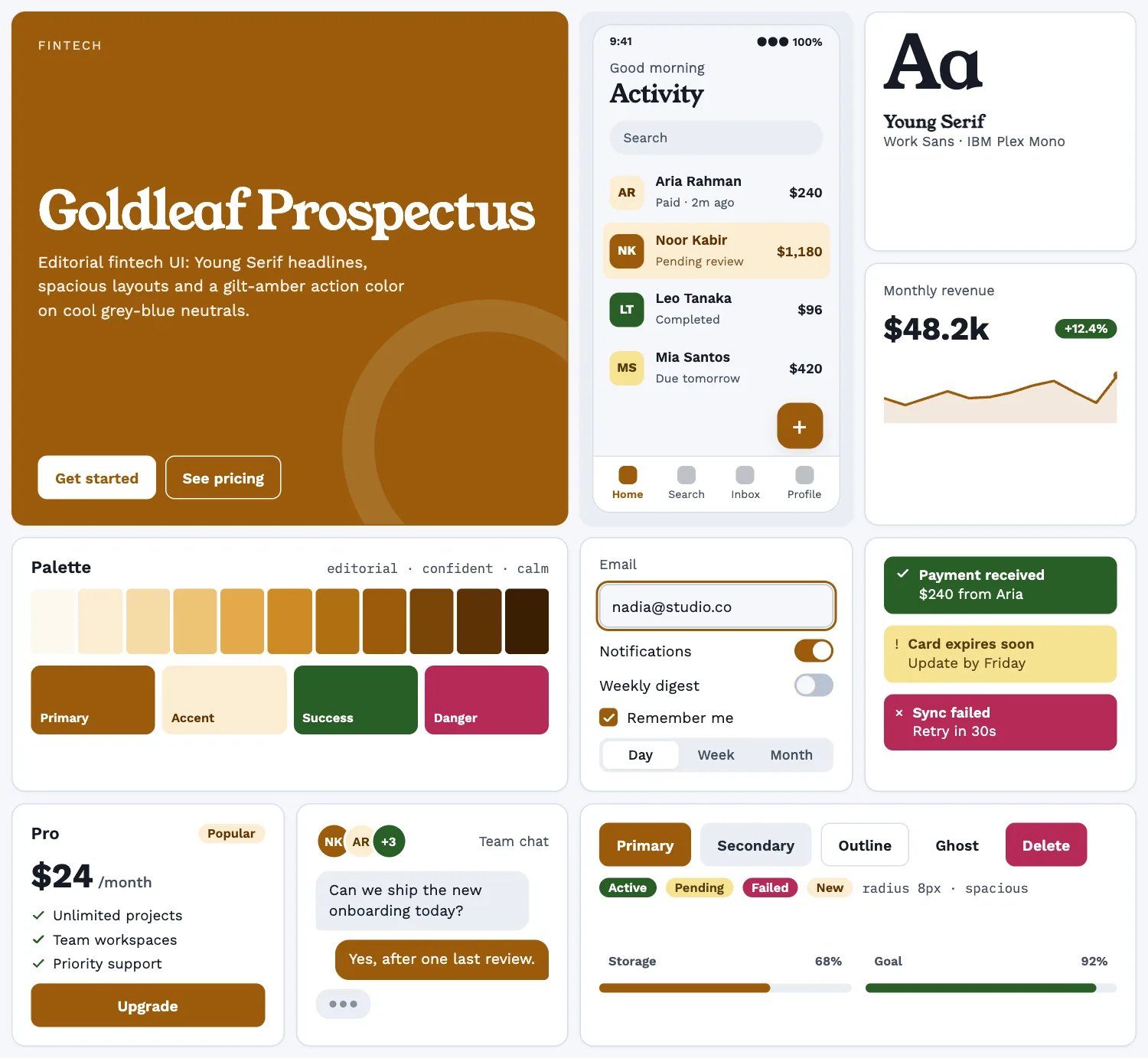 Goldleaf Prospectus across ten UI tiles: hero, phone screen, type, chart, palette, form, alerts, pricing, chat and buttons