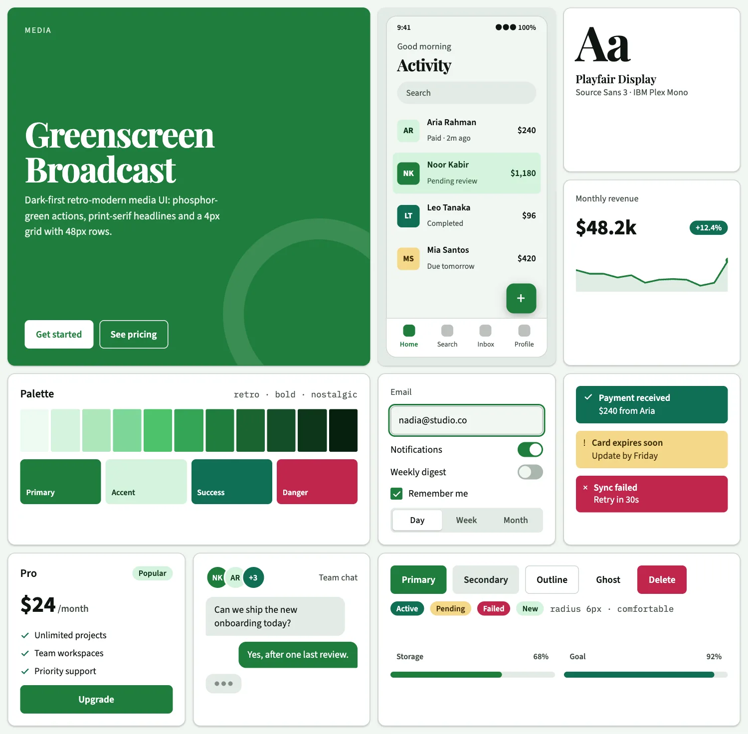 Greenscreen Broadcast across ten UI tiles: hero, phone screen, type, chart, palette, form, alerts, pricing, chat and buttons