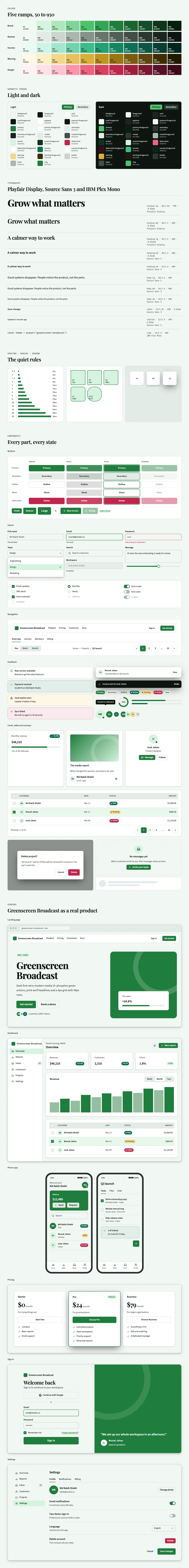 Greenscreen Broadcast full preview: colour ramps, light and dark tokens, type scale, components in every state and six product screens