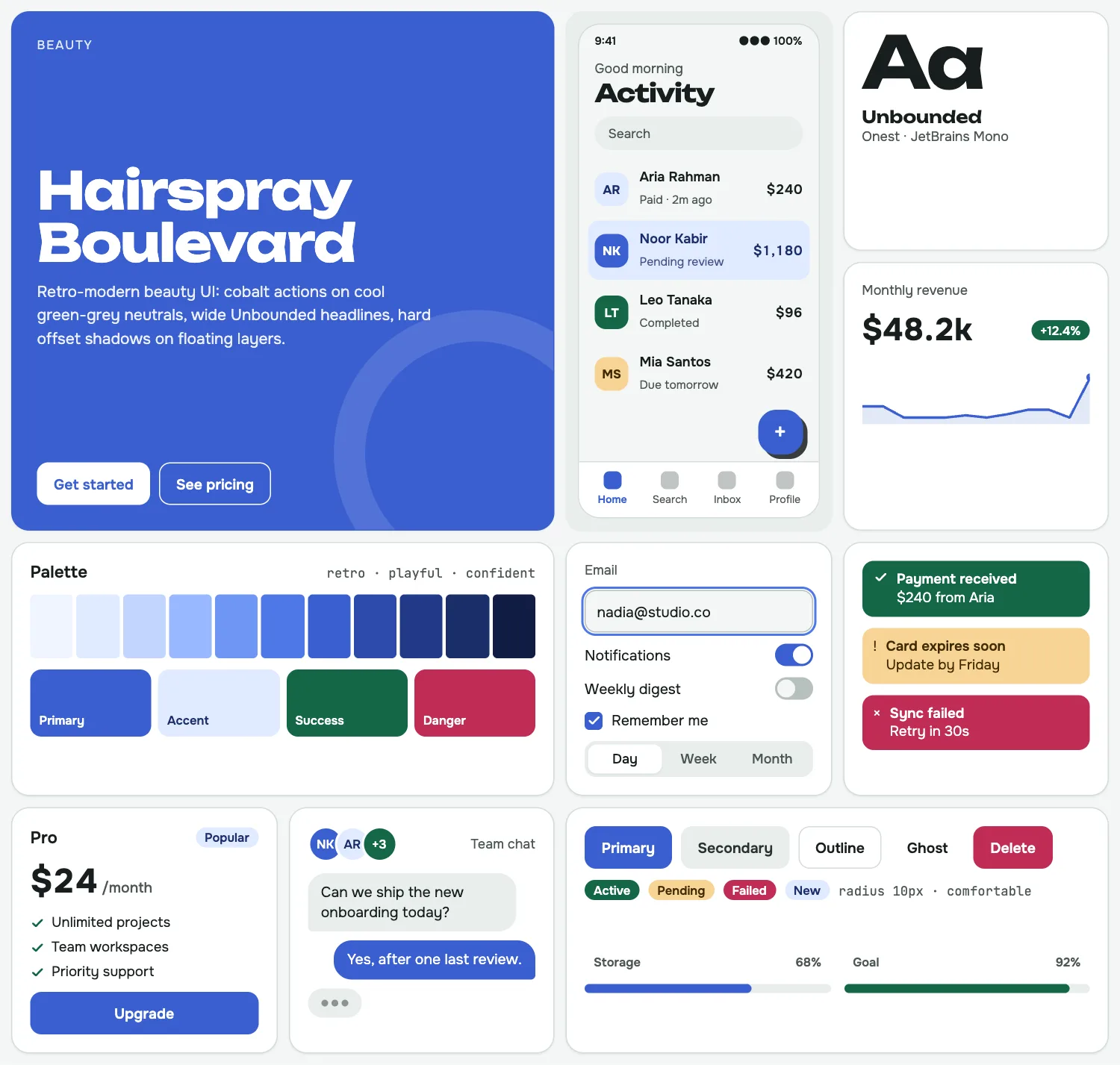 Hairspray Boulevard across ten UI tiles: hero, phone screen, type, chart, palette, form, alerts, pricing, chat and buttons