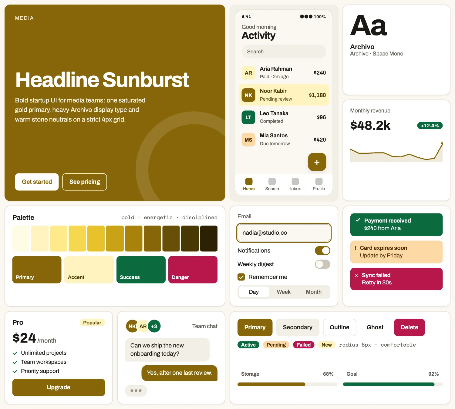 Headline Sunburst across ten UI tiles: hero, phone screen, type, chart, palette, form, alerts, pricing, chat and buttons