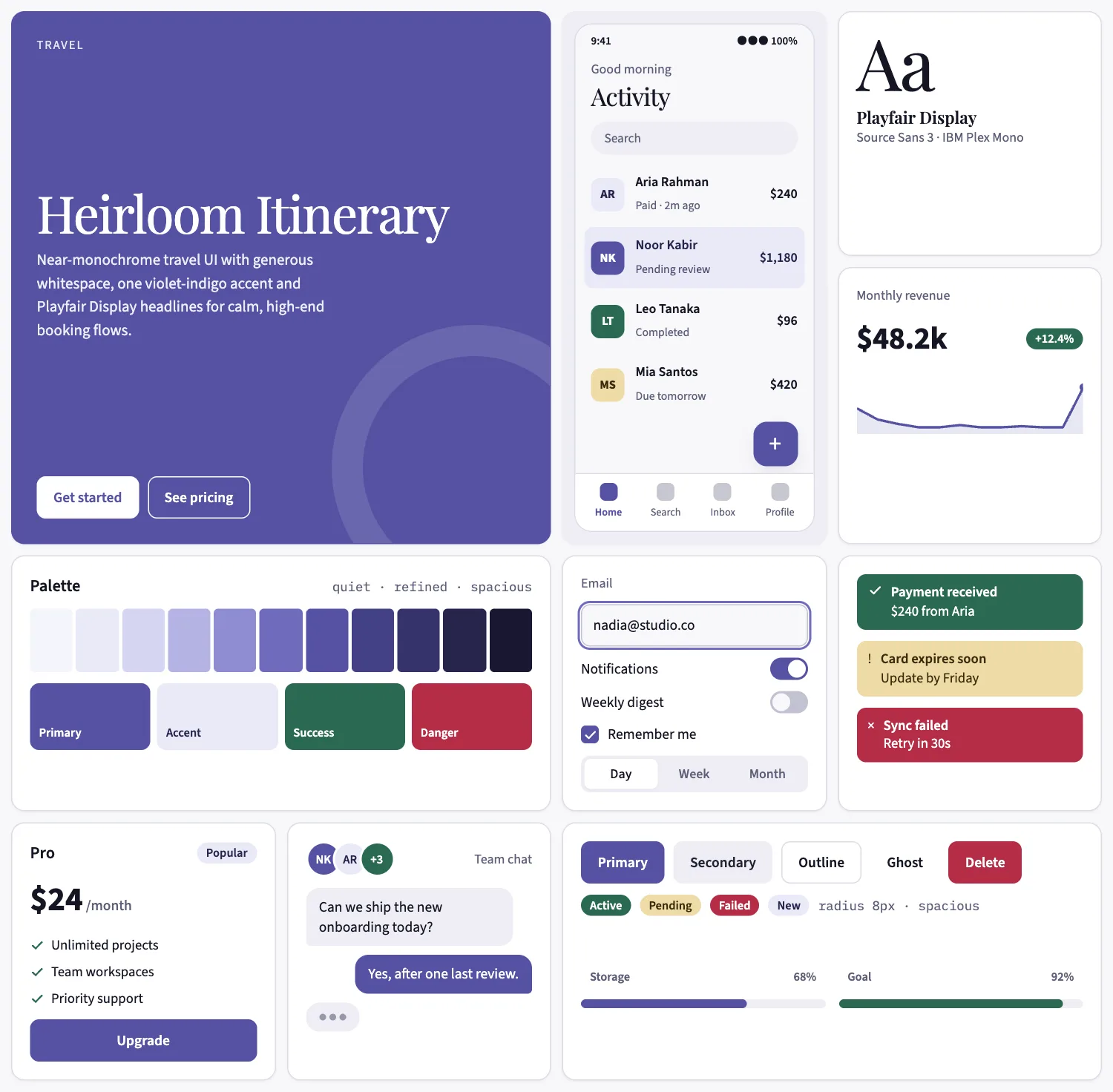 Heirloom Itinerary across ten UI tiles: hero, phone screen, type, chart, palette, form, alerts, pricing, chat and buttons