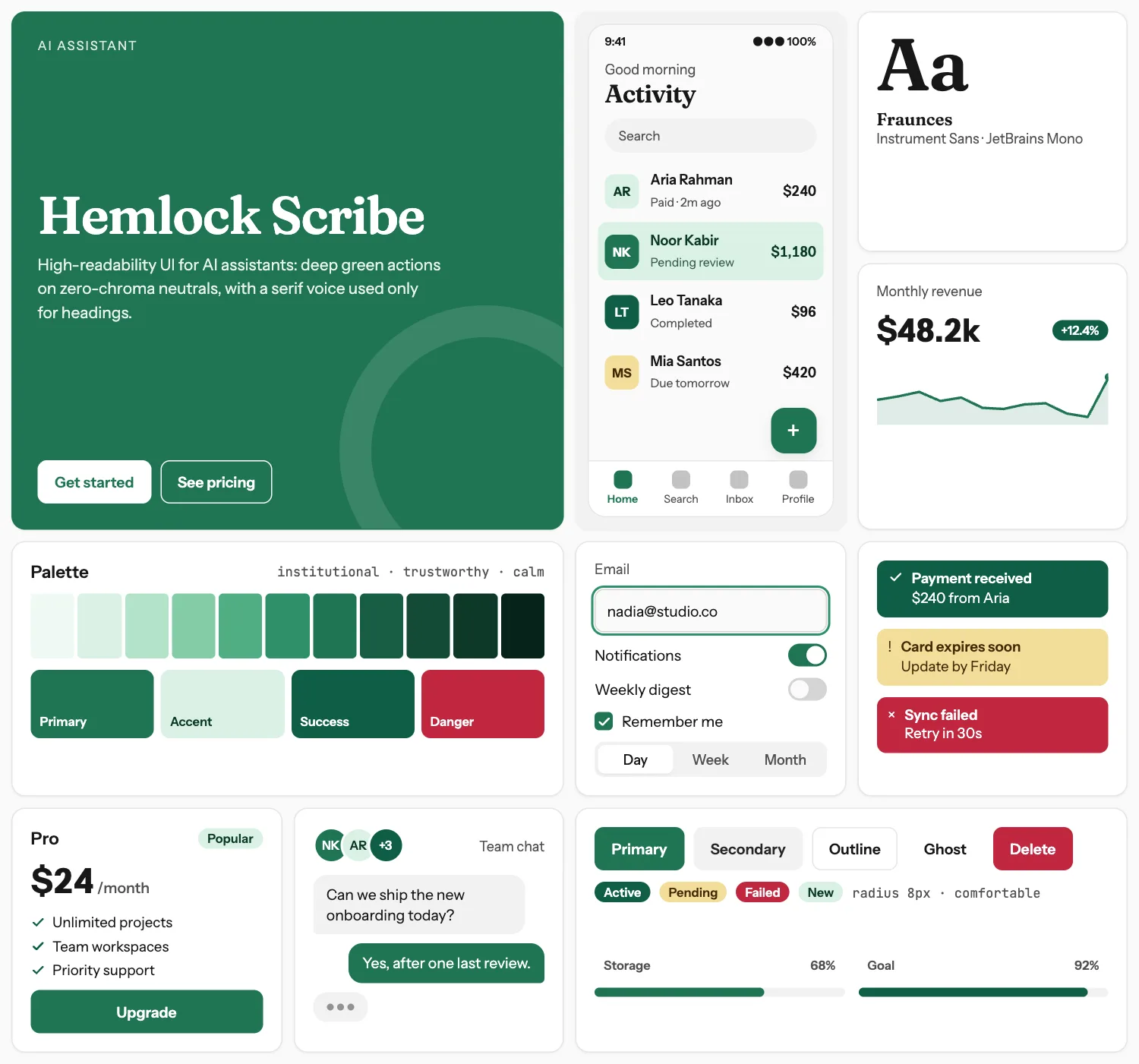 Hemlock Scribe across ten UI tiles: hero, phone screen, type, chart, palette, form, alerts, pricing, chat and buttons