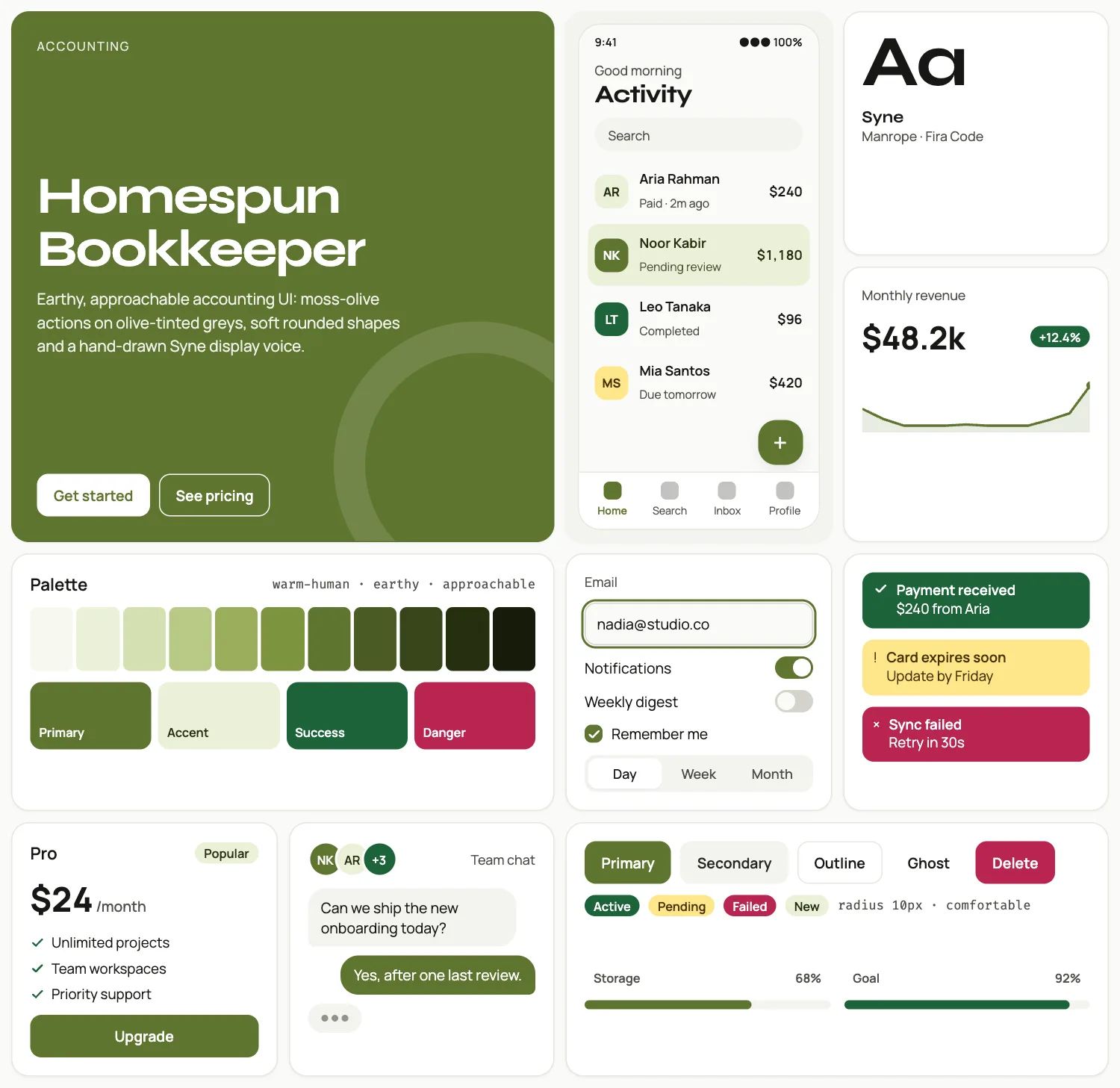 Homespun Bookkeeper across ten UI tiles: hero, phone screen, type, chart, palette, form, alerts, pricing, chat and buttons