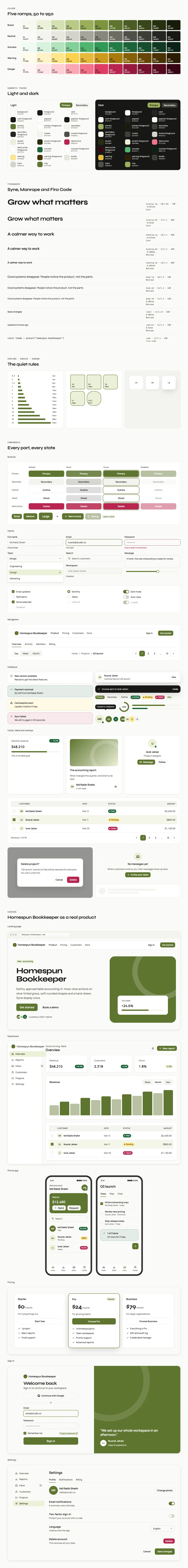 Homespun Bookkeeper full preview: colour ramps, light and dark tokens, type scale, components in every state and six product screens