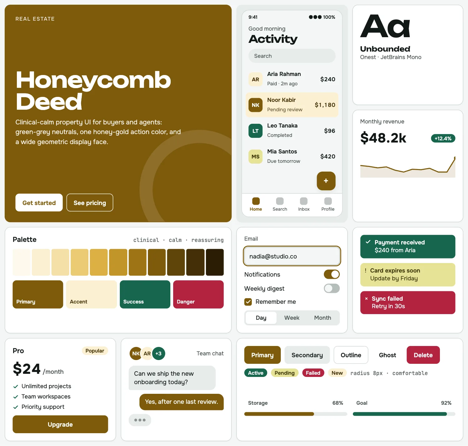 Honeycomb Deed across ten UI tiles: hero, phone screen, type, chart, palette, form, alerts, pricing, chat and buttons