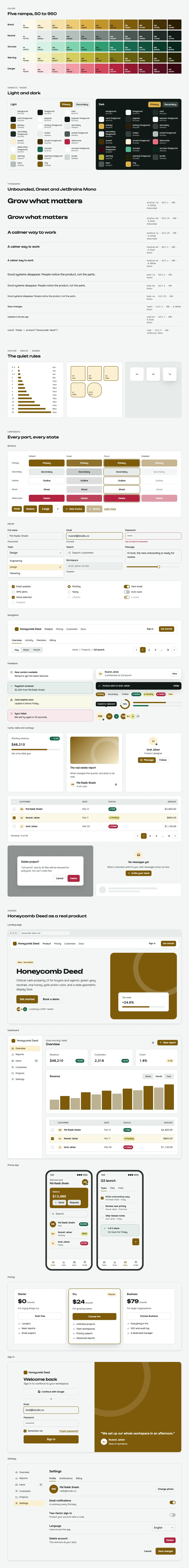 Honeycomb Deed full preview: colour ramps, light and dark tokens, type scale, components in every state and six product screens