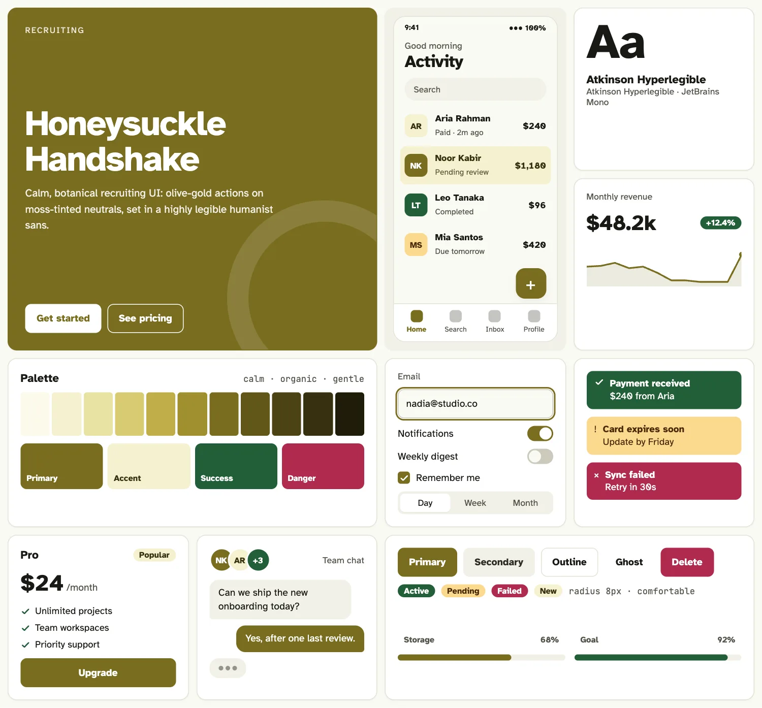 Honeysuckle Handshake across ten UI tiles: hero, phone screen, type, chart, palette, form, alerts, pricing, chat and buttons