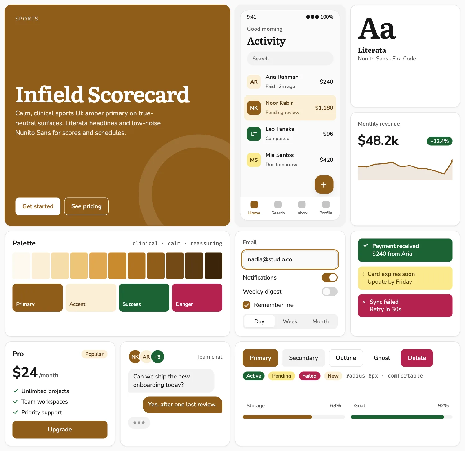 Infield Scorecard across ten UI tiles: hero, phone screen, type, chart, palette, form, alerts, pricing, chat and buttons