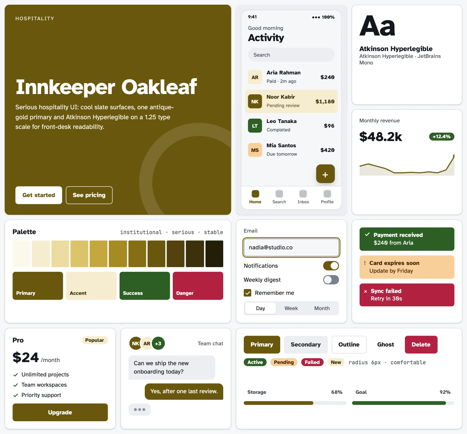 Innkeeper Oakleaf across ten UI tiles: hero, phone screen, type, chart, palette, form, alerts, pricing, chat and buttons