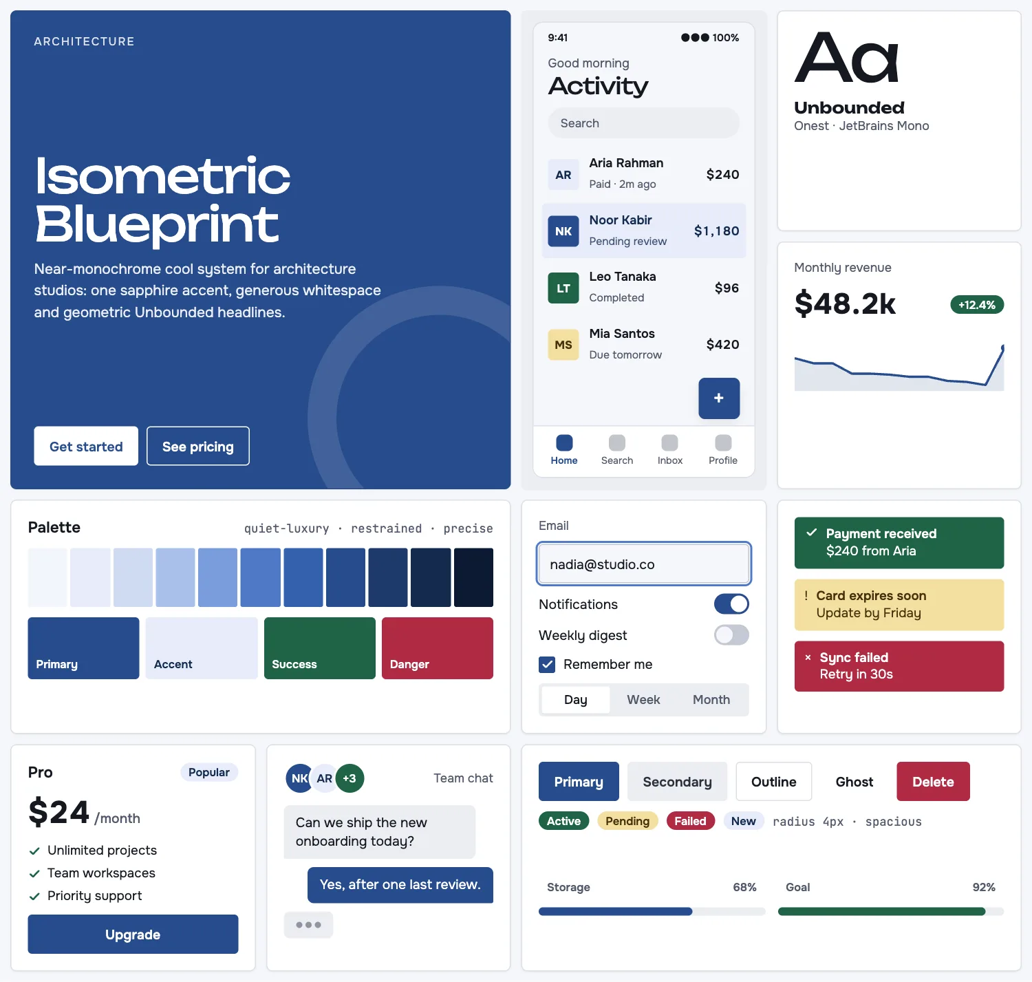 Isometric Blueprint across ten UI tiles: hero, phone screen, type, chart, palette, form, alerts, pricing, chat and buttons
