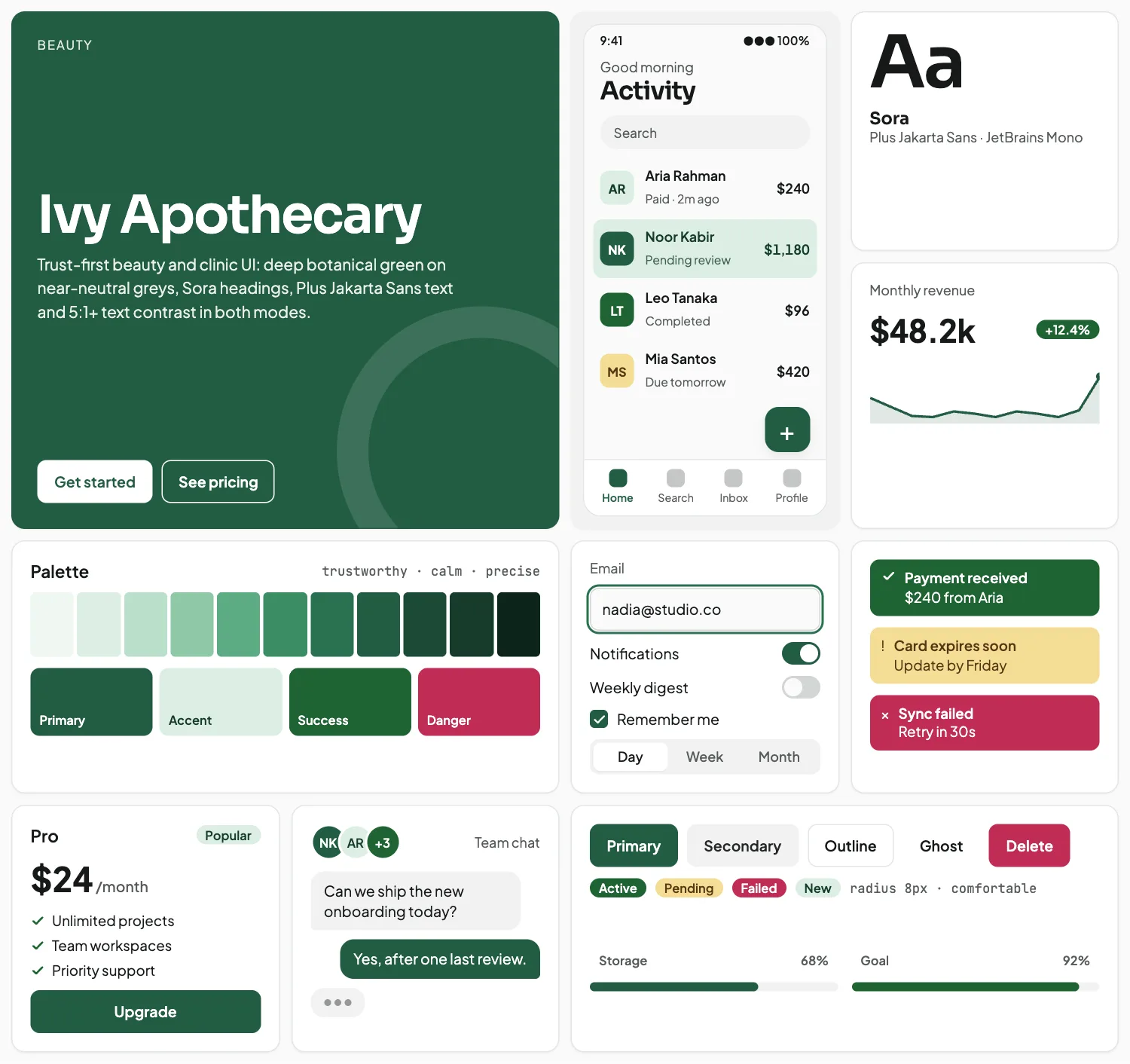 Ivy Apothecary across ten UI tiles: hero, phone screen, type, chart, palette, form, alerts, pricing, chat and buttons
