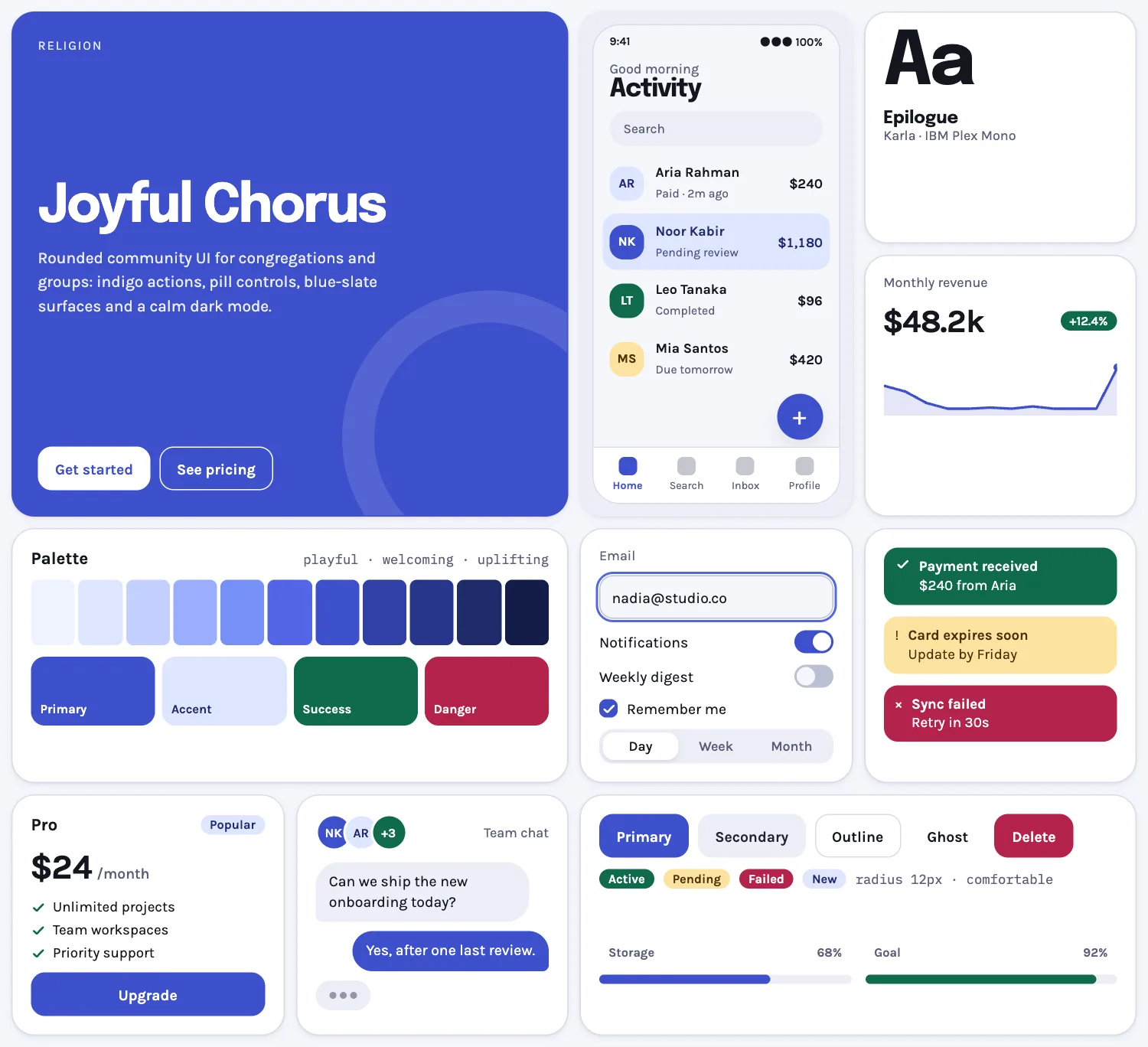 Joyful Chorus across ten UI tiles: hero, phone screen, type, chart, palette, form, alerts, pricing, chat and buttons