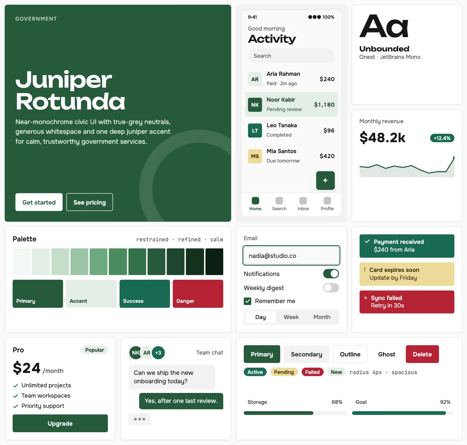 Juniper Rotunda across ten UI tiles: hero, phone screen, type, chart, palette, form, alerts, pricing, chat and buttons